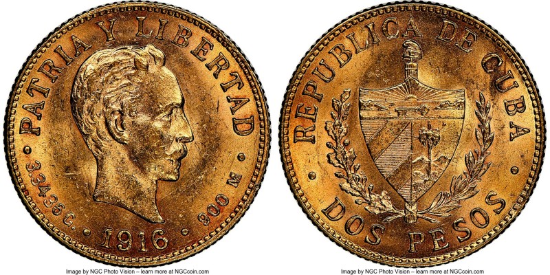 Republic gold 2 Pesos 1916 MS62 NGC, KM17. Two year type. AGW 0.0967 oz. 

HID...