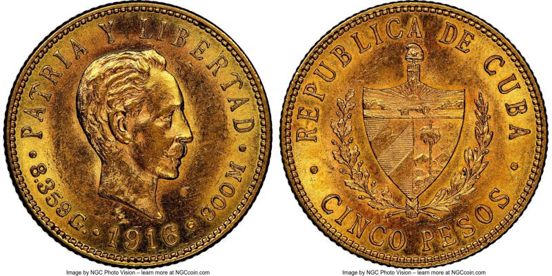 Republic gold 5 Pesos 1916 MS61 NGC, Philadelphia mint, KM19. AGW 0.2419 oz. 
...