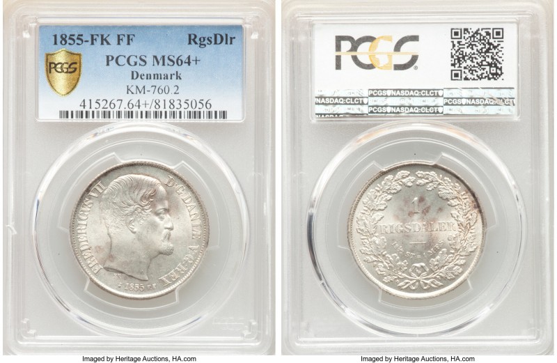 Frederik VII Rigsdaler 1855 FK-FF MS64+ PCGS, Altona mint, KM760.2. One year typ...