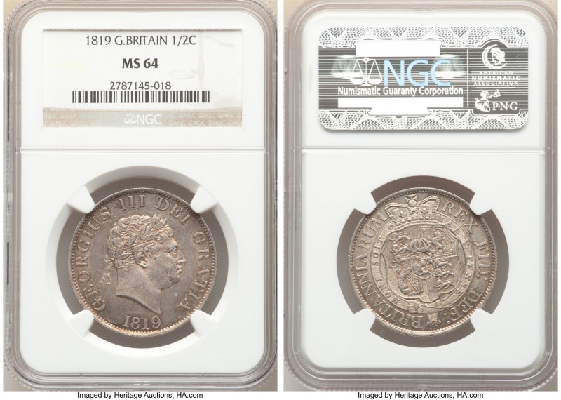 George III 1/2 Crown 1819 MS64 NGC, KM672. Toned overall with shades of golden-o...