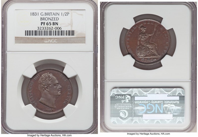 William IV bronzed Proof 1/2 Penny 1831 PR65 Brown NGC, KM706a, S-3847. Chocolat...