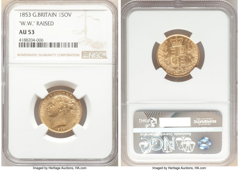 Victoria gold Sovereign 1853 AU53 NGC, KM736.1, S-3852C. W.W. raised on truncati...