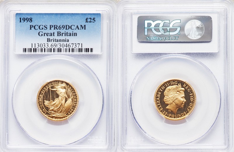 Elizabeth II gold Proof 25 Pounds 1998 PR69 Deep Cameo PCGS, British Royal mint,...