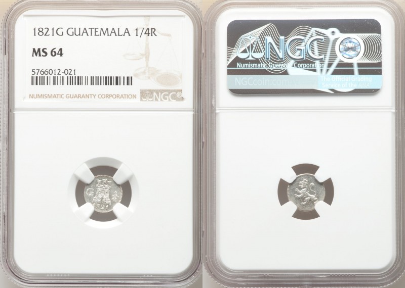 Ferdinand VII 1/4 Real 1821-G MS64 NGC, Nueva Guatemala mint, KM72. Untoned with...