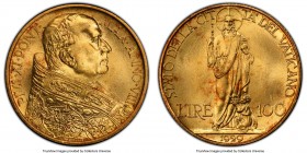 Pius XI gold 100 Lire Anno VIII (1929) MS65 PCGS, KM9. Mintage: 10,000. First year of type displaying bright golden cartwheel luster.

HID0980124201...