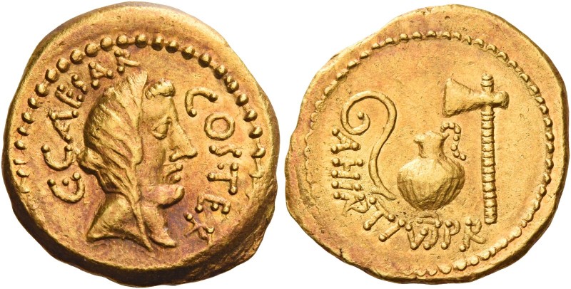 C. Iulius Caesar and A. Hirtius. Aureus 46, AV 8.12 g. C CAESAR – COS TER Veiled...