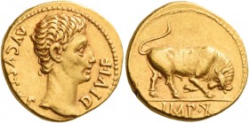 Octavian as Augustus, 27 BC – 14 AD 
Aureus, Lugdunum 15-13 BC, AV 7.87 g. AVGVSTVS – DIVI F Bare head r. Rev. Bull butting r.; in exergue, IMP·X. C ...