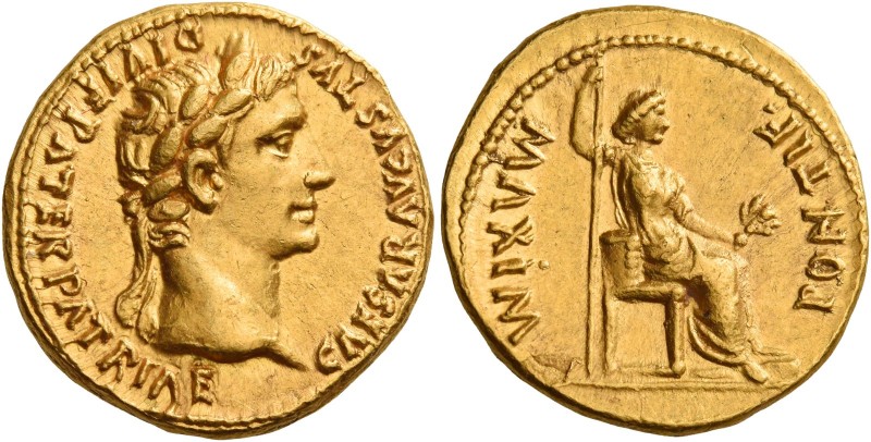 Octavian as Augustus, 27 BC – 14 AD 
Aureus, Lugdunum 13-14, AV 7.56 g. CAESAR ...