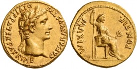 Octavian as Augustus, 27 BC – 14 AD 
Aureus, Lugdunum 13-14, AV 7.56 g. CAESAR AVGVSTVS – DIVI F PATER PATRIAE Laureate head r. Rev. PONTIF – MAXIM P...