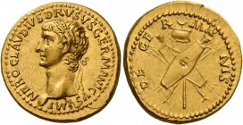 In the name of Nero Claudius Drusus, brother of Tiberius and father of Claudius 
Aureus circa 41-45, AV 7.81 g. NERO CLAVDIVS DRVSVS GERMANICVS IMP L...