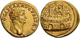 Claudius, 41 – 54 
Aureus 45, AV 7.82 g. [TI CL]AVD CAESAR·AVG P M T·R·P IIII Laureate head r. Rev. IMPER RECEPT inscribed on praetorian camp, at the...