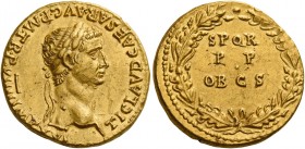 Claudius, 41 – 54 
Aureus 49-50, AV 7.79 g. TI CLAVD CAESAR·AVG P·M·TR·P·VIIII IMP·XVI Laureate head r. Rev. S P Q R / P P / OB CS within oak wreath....