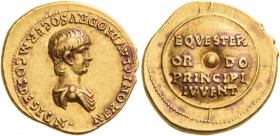 Nero caesar, 50 – 54 
Aureus 50-54, AV 7.72 g. NERONI CLAVDIO DRVSO GERM COS DESIGN Bare headed and draped bust r. Rev. EQVESTER / OR – DO / PRINCIPI...