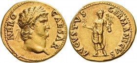 Nero augustus, 54 – 68 
Aureus 64-65, AV 7.35 g. NERO – CAESAR Laureate and bearded head r. Rev. AVGVSTVS – GERMANICVS Nero, radiate, standing facing...