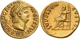 Nero augustus, 54 – 68 
Aureus circa 66-67, AV 7.72 g. IMP NERO CAESAR – AVGVSTVS Laureate head r. Rev. IVPPITER – CVSTOS Jupiter seated l., holding ...