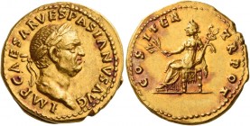 Vespasian, 69 – 79 
Aureus 70, AV 7.32 g. IMP CAESAR VESPASIANVS AVG Laureate head r. Rev. COS ITER – TR POT Pax seated l., holding branch and caduce...