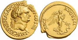 Vespasian, 69 – 79 
Aureus, Lugdunum circa 72, AV 7.25 g. IMP CAES VESPAS AVG P M TR P IIII P P COS IIII Laureate head r. Rev. PACI – AVGVSTI Winged ...