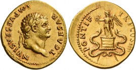 Titus caesar, 69 – 79 
Aureus 75, AV 7.28 g. T CAESAR – IMP VESPASIAN Laureate head r. Rev. PONTIF – TR P COS IIII Victory standing l. on cista misti...