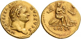 Titus caesar, 69 – 79 
Aureus 77-78, AV 7.31 g. T CAESAR IMP – VESPASIAN Laureate head r. Rev. Roma seated r. on shields, helmet below, holding spear...