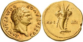 Domitian caesar, 69 – 81 
Aureus early 76-early 77, AV 7.20 g. CAESAR AVG F DOMITIANVS Laureate head r. Rev. COS – IIII Cornucopia tied up with ribbo...