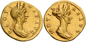 Plotina, wife of Trajan 
Aureus 117-118, AV 7.24 g. PLOTI – NAE AVG Draped bust of Plotina r., wearing double metal stephane. Rev. MATIDI – AE AVG Di...