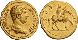 Hadrian augustus, 117 – 138 
Aureus 128-129, AV 7.37 g. HADRIANVS – AVGVSTVS P P Bare-headed and draped bust r. Rev. COS – III Hadrian on horse pacin...