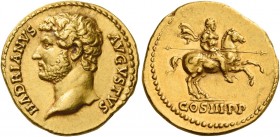 Hadrian augustus, 117 – 138 
Aureus 129-130, AV 6.69 g. HADRIANVS – AVGVSTVS Bare head l. Rev. COS III P P Hadrian, in military attire, riding r., ho...