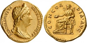 Sabina, wife of Hadrian 
Aureus circa 130-133, AV 7.05 g. SABINA AVGVSTA – HADRIANI AVG P P Draped bust r., hair in stephane and in long tail at back...