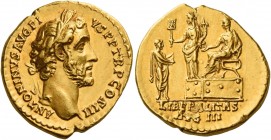 Antoninus Pius augustus, 138 – 161 
Aureus 140-143, AV 7.22 g. ANTONINVS AVG PI –VS P P TR P COS III Laureate head r. Rev. Antoninus seated l. on pla...