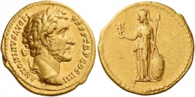 Antoninus Pius augustus, 138 – 161 
Aureus circa 145-161, AV 7.31 g. ANTONINVS AVG PI – VS P P TR P COS IIII Laureate and cuirassed bust r. Rev. Mine...
