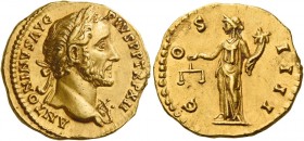 Antoninus Pius augustus, 138 – 161 
Aureus 148-149, AV 7.17 g. ANTONINVS AVG – PIVS P P TR P XII Laureate bust r., with aegis. Rev. C – OS – IIII Aeq...