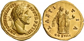 Antoninus Pius augustus, 138 – 161 
Aureus 150-151, AV 7.17 g. ANTONINVS AVG PI – VS P P TR P XIIII Laureate head r., with drapery on l. shoulder. Re...