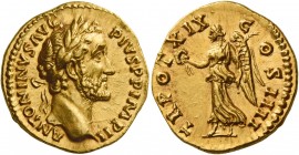 Antoninus Pius augustus, 138 – 161 
Aureus 155-156, AV 7.34 g. ANTONINVS AVG – PIVS P P IMP II Laureate head r. Rev. TR POT XIX – C – OS IIII Victory...