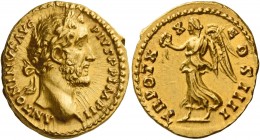 Antoninus Pius augustus, 138 – 161 
Aureus 156-157, AV 7.23 g. ANTONINVS AVG – PIVS P P IMP II Laureate head r. Rev. TR POT X – X – COS IIII Victory ...