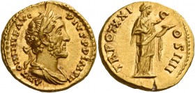 Antoninus Pius augustus, 138 – 161 
Aureus 157-158, AV 7.36 g. ANTONINVS AVG – PIVS P P IMP II Laureate and draped bust r. Rev. TR POT XXI – C – OS I...