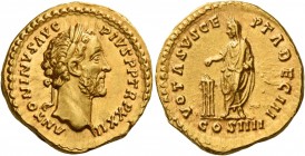 Antoninus Pius augustus, 138 – 161 
Aureus 158-159, AV 7.27 g. ANTONINVS AVG – PIVS P P TR P XXII Laureate head r. Rev. VOTA SVSCE – PTA DEC III Anto...