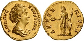 Diva Faustina I, wife of Antoninus Pius 
Aureus after 141, AV 7.26 g. DIVA AVG – FAVSTINA Draped bust r., hair coiled on top of head. Rev. AETER – NI...