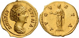 Diva Faustina I, wife of Antoninus Pius 
Aureus after 141, AV 7.00 g. DIVA FAV – STINA Draped bust r., hair waved and coiled on top of head. Rev. AVG...