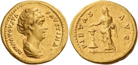 Diva Faustina I, wife of Antoninus Pius 
Aureus after 141, AV 7.14 g. DIVA AVGVSTA – FAVSTINA Draped bust r., hair waved and coiled on top of head. R...