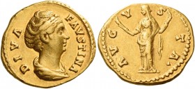 Diva Faustina I, wife of Antoninus Pius 
Aureus after 141, AV 7.24 g. DIVA – FAVSTINA Draped bust r., hair waved and coiled on top of head. Rev. AVG ...