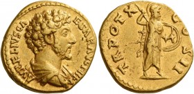 Marcus Aurelius caesar, 139 – 161 
Aureus 155-156, AV 7.31 g. AVRELIVS CA – ESAR AVG P II FIL Bare-headed, draped and cuirassed bust r. Rev. TR POT X...