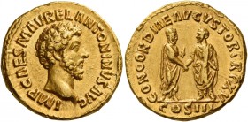 Marcus Aurelius augustus, 161 – 180 
Aureus 161, AV 7.34 g. IMP CAES M AVREL ANTONINVS AVG Bare head r. Rev. CONCORDIAE AVGVSTOR TR P XV M. Aurelius ...