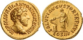 Marcus Aurelius augustus, 161 – 180 
Aureus 161-162, AV 7.35 g. IMP M AVREL ANTONINVS AVG P M Bare-headed and cuirassed bust r. Rev. SALVTI AVGVSTOR ...