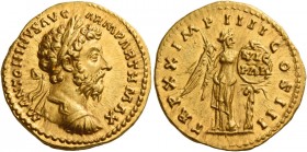 Marcus Aurelius augustus, 161 – 180 
Aureus 166, AV 7.26 g. M ANTONINVS AVG – ARM PARTH MAX Laureate and cuirassed bust r. Rev. TR P XX IMP IIII COS ...