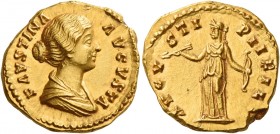 Faustina II, daughter of Antoninus Pius and wife of Marcus Aurelius 
Aureus 147-152, AV 7.19 g. FAVSTINA – AVGVSTA Draped bust r., hair coiled at bac...