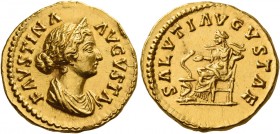 Faustina II, daughter of Antoninus Pius and wife of Marcus Aurelius 
Aureus circa 161-176, AV 7.39 g. FAVSTINA – AVGVSTA Draped and diademed bust r.,...