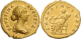 Faustina II, daughter of Antoninus Pius and wife of Marcus Aurelius 
Aureus circa 161-176, AV 7.23 g. FAVSTINA – AVGVSTA Draped bust r., hair waved a...