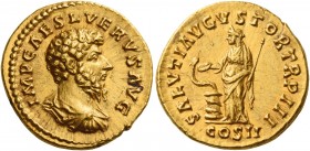 Lucius Verus, 161 - 169 
Aureus December 162-163, AV 7.26 g. IMP CAES L VERVS AVG Bare-headed, draped and cuirassed bust r. Rev. SALVTI AVGVSTOR TR P...