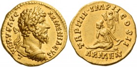 Lucius Verus, 161 - 169 
Aureus 163-164, AV 7.29 g. ·L·VERVS AVG – ARMENIACVS Laureate and cuirassed bust r. Rev. TR P IIII ·IMP II – COS II Armenia ...