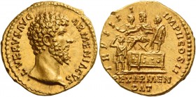 Lucius Verus, 161 - 169 
Aureus December 163-164, AV 7.23 g. ·L·VERVS AVG – ARMENIACVS Bare head r. Rev. TR P IIII – IMP II COS II Lucius Verus seate...